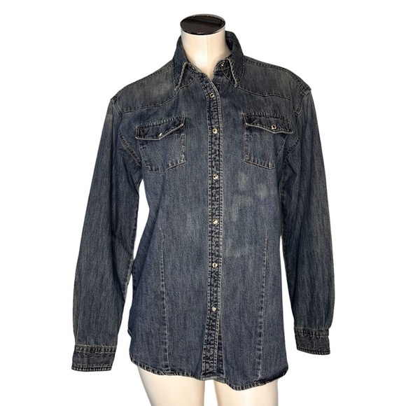 WRANGLER BLUES Distressed Denim Snap Button Long Sleeve Shirt Women's Size S - Picture 1 of 16